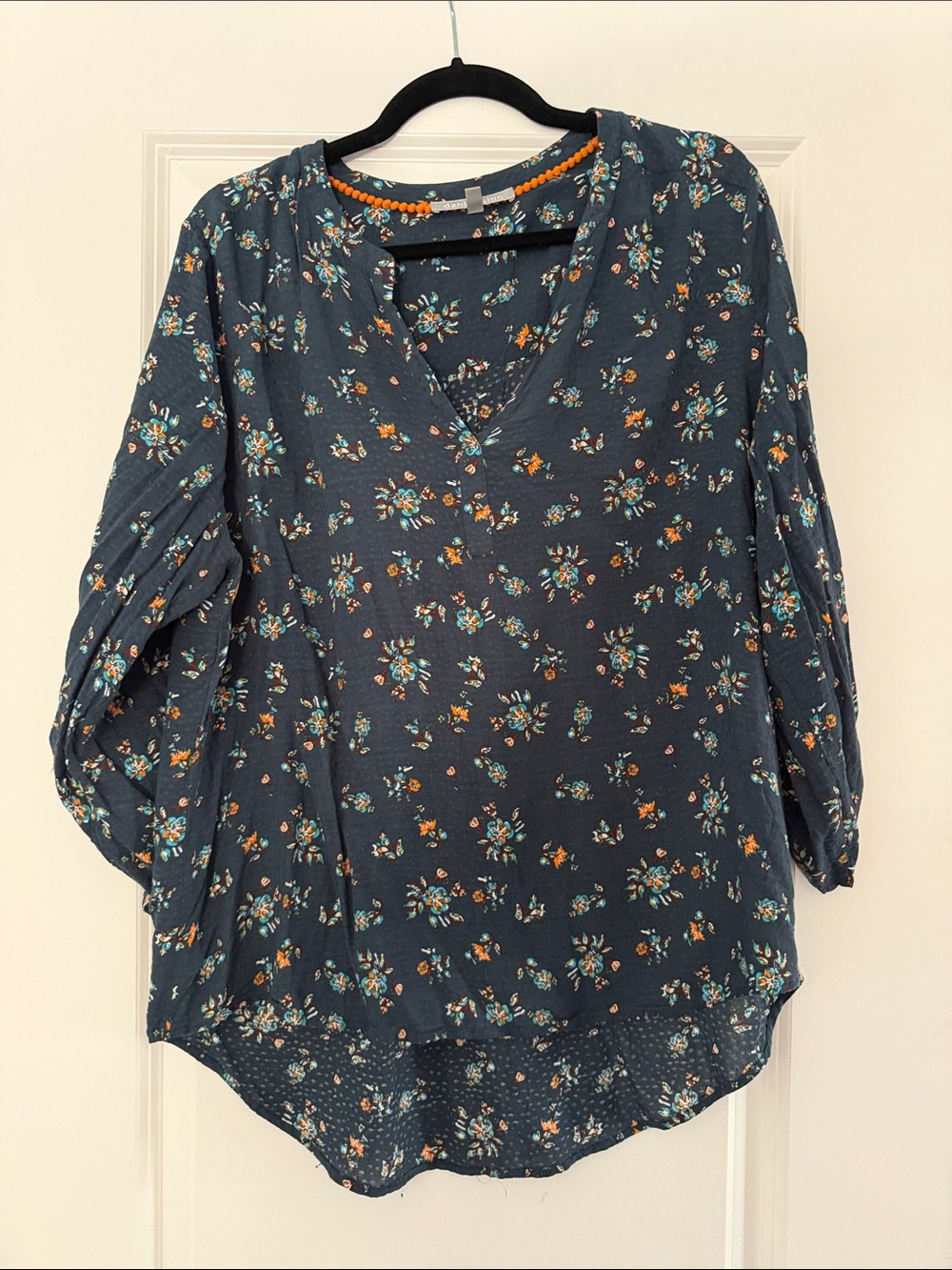 Daniel Rainn Navy Floral V-Neck Tunic with Teal and Orange Accents